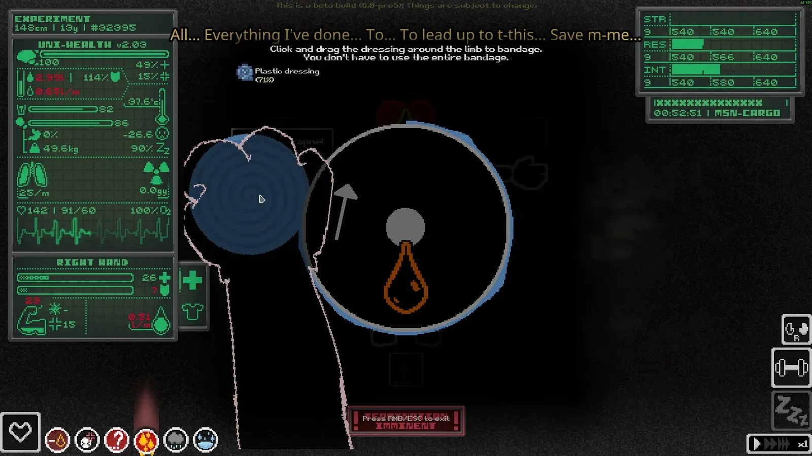 The Casualties: Unknown health panel showing vitals including temperature, hunger and energy