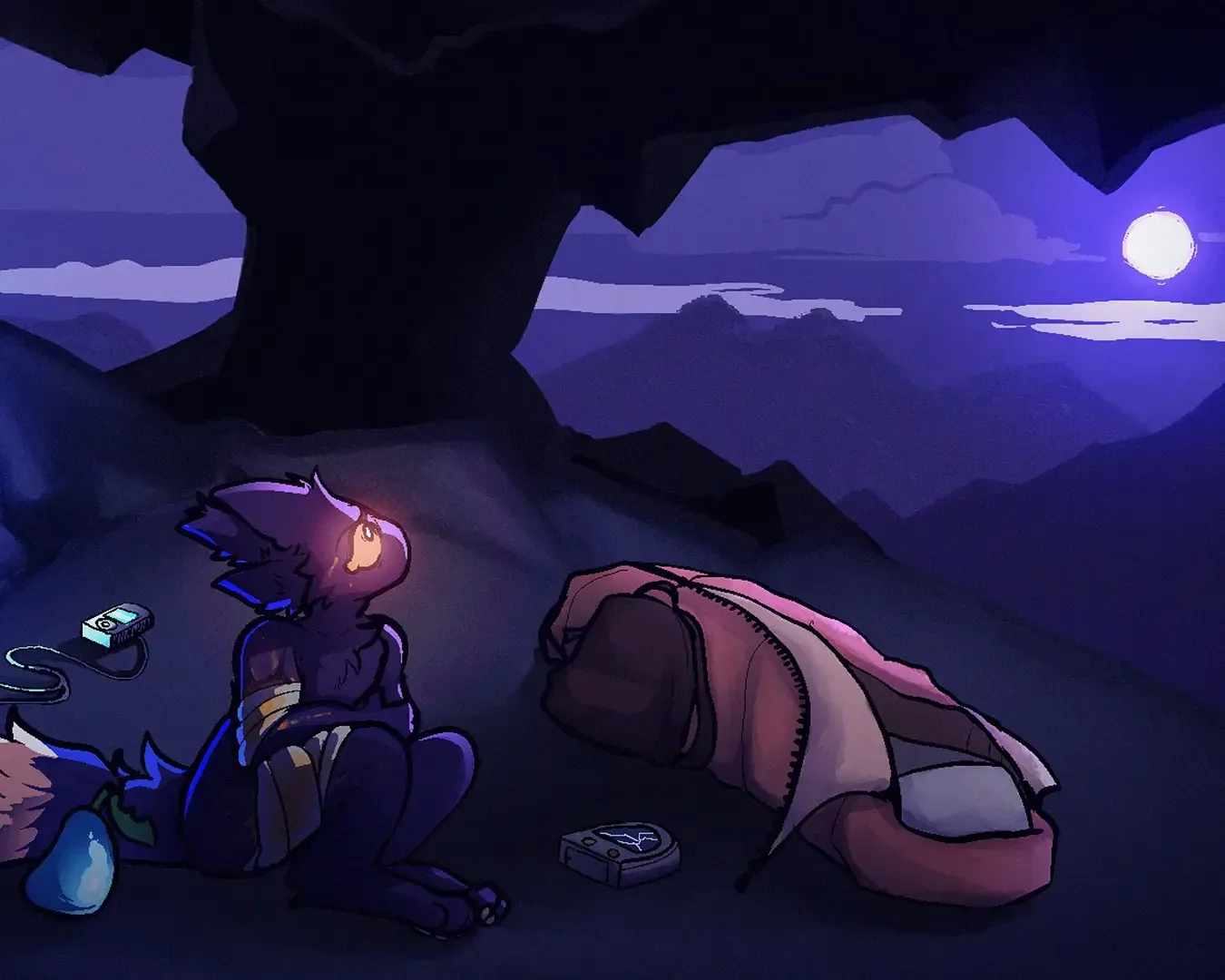 Official Casualties: Unknown key art: an Experiment with a bandaged arm sits beside a sleeping bag under a cave opening on the Gray Planet